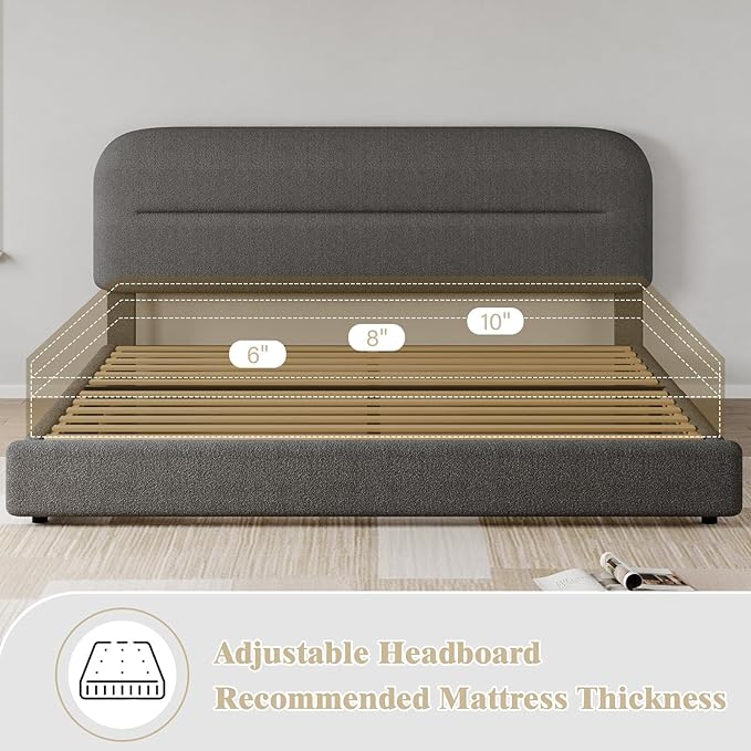 King Size Bed Frame, Boucle Upholstered and Headboard, Soft King with Thickened Footboard, Rounded Corners, No Box Spring Needed, Easy Assembly, Grey