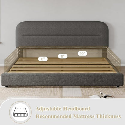 King Size Bed Frame, Boucle Upholstered and Headboard, Soft King with Thickened Footboard, Rounded Corners, No Box Spring Needed, Easy Assembly, Grey