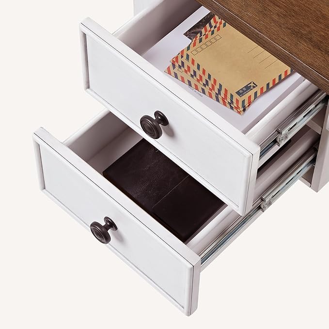 EUREKA ERGONOMIC Farmhouse Writing Desk, 55" Executive Office Desk with 3 Drawers,Keyboard Tray,Mid-Century Modern Computer Desk w Solid Wood Legs,Birch Finish,Antique White