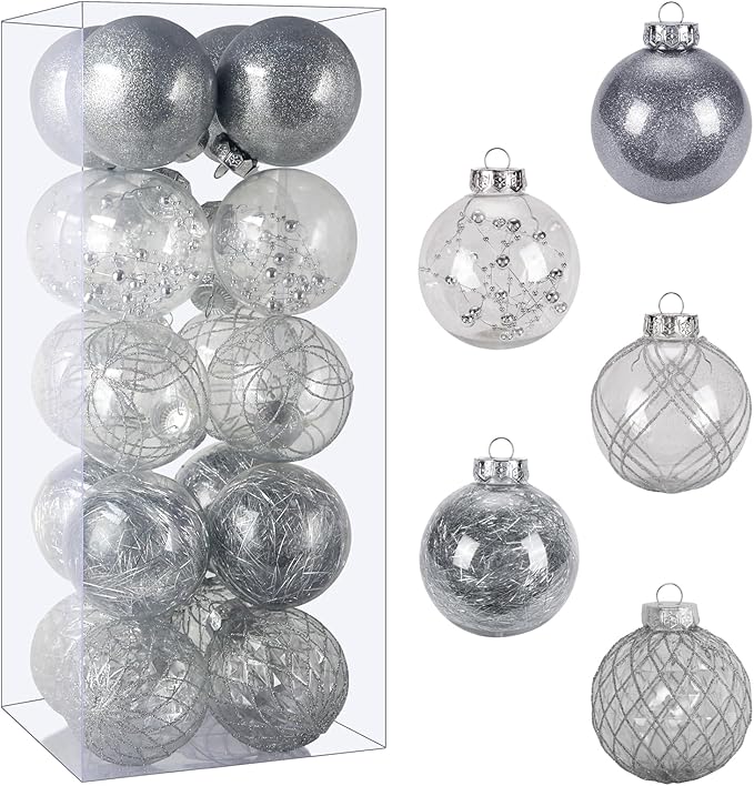 Christmas Ball Ornaments Set, 20ct Large Clear Shatterproof 3.15" Christmas Ornaments for Christmas Tree Decoration Silver Hanging Decorative Baubles for Halloween Thanks Giving Xmas Party
