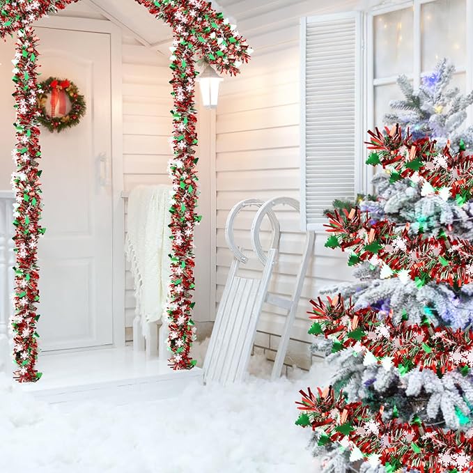 LOAVER 33 FT Christmas Tinsel Garland with Snowflake Christmas Tree,Green Red Metallic Tinsel Twist Garland Shiny Hanging Decoration for Xmas Tree Party Supplies Stair Railing Indoor Outdoor Decor