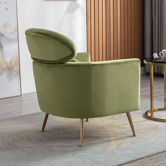 Velvet Accent Chair Comfy Living Room Chair Slipper Chair Mid Century Single Sofa Arm Chair with Golden Legs and Pillow for Bedroom/Guest Room, Olive Green