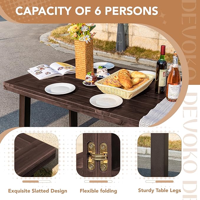Devoko Home Acacia Wood Dining Table 6-Person Indoor Outdoor Table with Iron Legs, Sandblast Finish, Natural Stained, Rustic Metal, 69 * 33 * 30 inch (Espresso)
