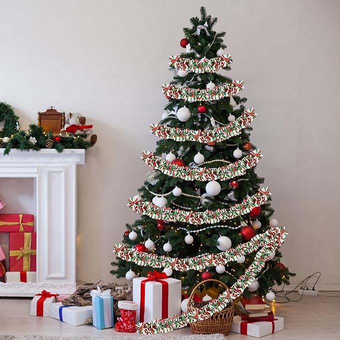 50 FT Christmas Tinsel Garland for Christmas Tree Decorations, Red Green White Metallic Twist Shiny Hanging Xmas Garlands for Stairs Mantle Fireplace Home Indoor Outdoor Holiday Party Suppliers Decor