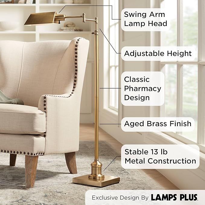 Regency Hill Jenson Traditional Farmhouse Metal Adjustable Pharmacy Floor Lamp Swing Arm 54" Tall Aged Brass Metal Shade Standing Pole Light for Living Room Reading House Bedroom Home Office