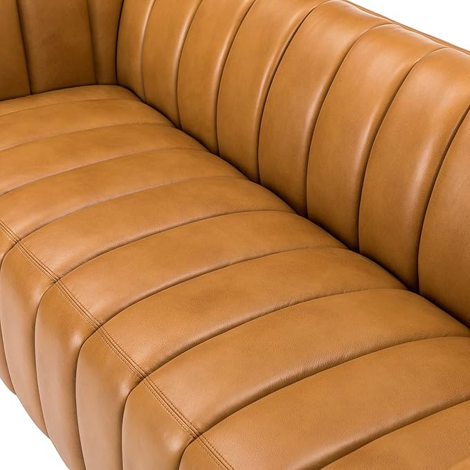 HULALA HOME 83" Genuine Leather Sofa with Channel Tufted Design, 3-Seater Sofa for Living Room Bedroom, Modern Oversized Couch with Wood Legs, Camel