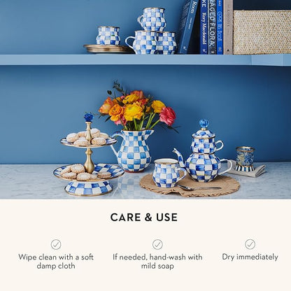 MACKENZIE-CHILDS Tall Enamel Vase, Unique Flower Vase, Decorative Table Decor for Living Room, Blue-and-White Royal Check