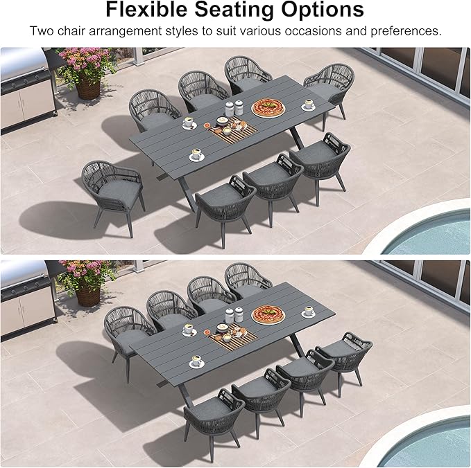 PURPLE LEAF 9 Piece Longer Patio Dining Set with Outdoor Aluminium Dining Table and Woven Chairs Modern Metal Furniture Cushions Sets for Garden Yard Indoor Decor Kitchen Gray