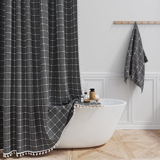 BTTN Extra Long Shower Curtain - 72x84 Inch Long Boho Chic Tassel Linen Fabric Shower Curtain Set with Hooks, Tall Modern Farmhouse Heavy Duty Cloth Shower Curtains for Bathroom - Charcoal Grey/Gray