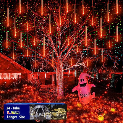 Halloween Lights, 24Tubes(Equivalent to 3 Sets of 8-Tubes) Purtuemy Meteor Shower Orange Lights Icicle String Lights for Halloween Christmas Decorations Tree Party Yard Outdoor Fall Decor, UL Plug