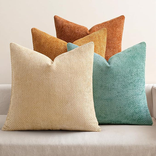 MIULEE Pack of 4 Orange/Teal Throw Pillow Covers 20x20 Inch Yellow Green Soft Decorative Chenille Pillows Farmhouse Accent Cushions for Boho Home Decor Spring Bedroom Living Room
