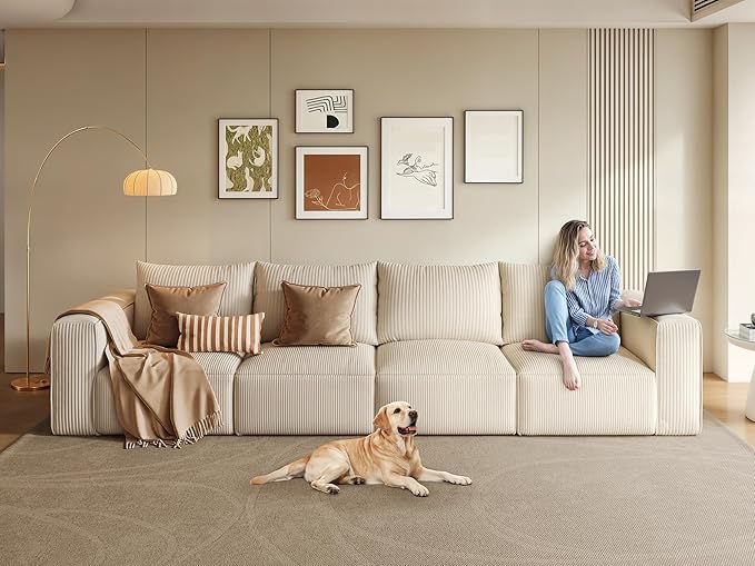 YITAHOME Oversized Cloud Sectional Couch: Deep Modular 4-Seat Sofa with 4 Pillows, Luxurious Corduroy Upholstered Couches for Living Room, Bedroom, Apartment, Office, No Assembly Required, Milky White