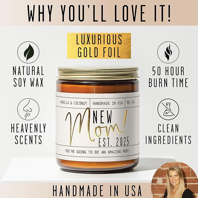 New Mom Gifts for New Mom Est. 2025 Candle, w/Coconut & Vanilla-Infused Essential Oils I Postpartum First Time Mommy Gifts I Push Presents I 50Hr Burn, USA Made