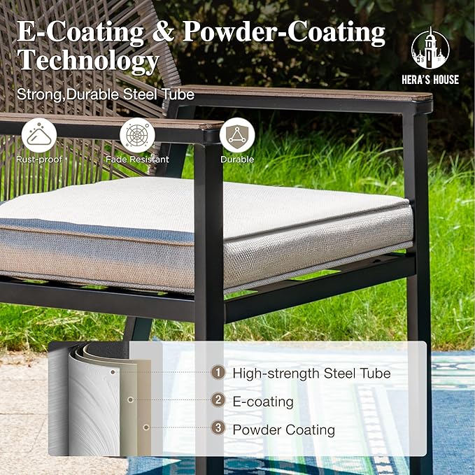 HERA'S HOUSE 7 Pieces Patio Table and Chairs Set, Outdoor Dining Set for 7, 6 x Cushioned Woven Rattan Patio Chairs and 1 x Black Metal Table with Umbrella Hole, Outdoor Rattan Dining Set for Lawn