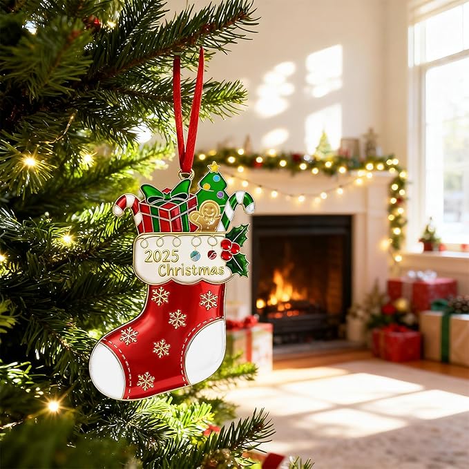 Christmas Stocking Ornament 2025 for Tree Decorations Stockings Gift, Metal Dated Ornaments 2025 Keepsake Yearly Hanging Ornaments for Xmas Tree Wreath Decor Holiday Party Supplies Snowflake