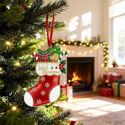 Christmas Stocking Ornament 2025 for Tree Decorations Stockings Gift, Metal Dated Ornaments 2025 Keepsake Yearly Hanging Ornaments for Xmas Tree Wreath Decor Holiday Party Supplies Snowflake