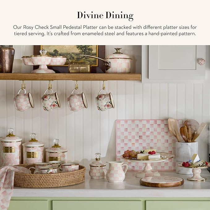 MACKENZIE-CHILDS Enamel Pedestal Platter, Round Cake Stand, Small, Pink-and-White Rosy Check