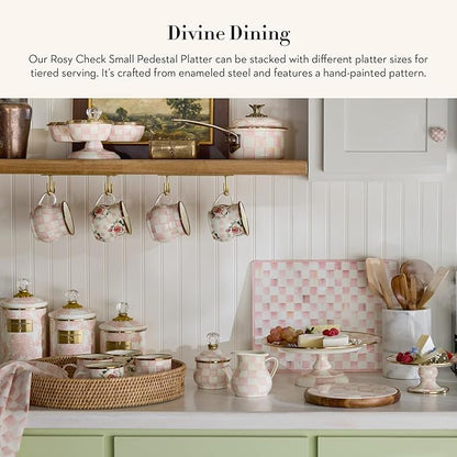 MACKENZIE-CHILDS Enamel Pedestal Platter, Round Cake Stand, Small, Pink-and-White Rosy Check