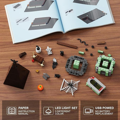 iATOM Haunted House Building Set with Lights, Halloween Mansion Building Toy Compatible with Lego for Adults, Horror Village Town Architecture Include Pumpkin Skeleton Spooky Bat Cat, F-C9987