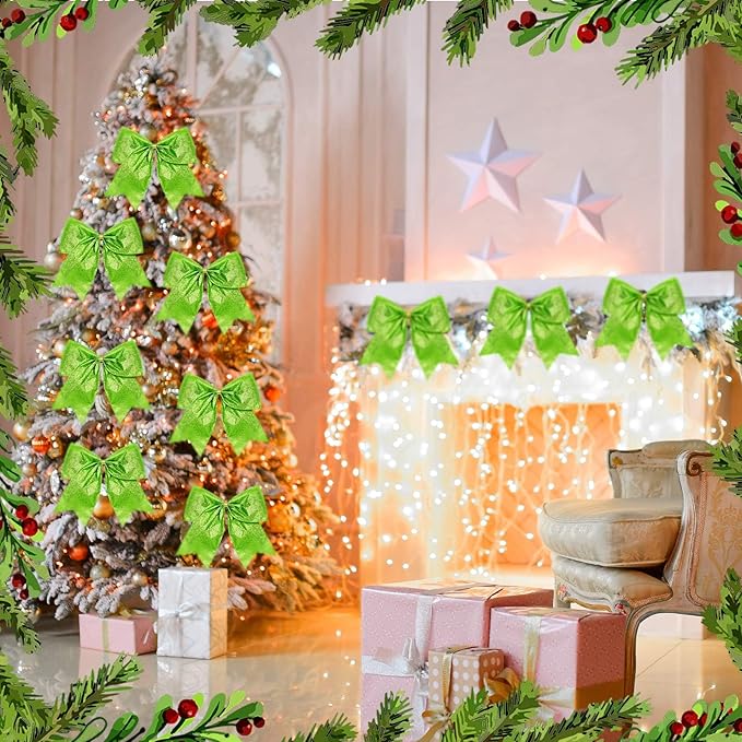 Cindeer 24 Pcs Lime Green Christmas Bow Decorations 6 x 6 Inches, Glitter Holiday Ornaments Sequin Ties Bows for Xmas Tree, Wreath, DIY Crafts, Gift Wrapping, Party Decor