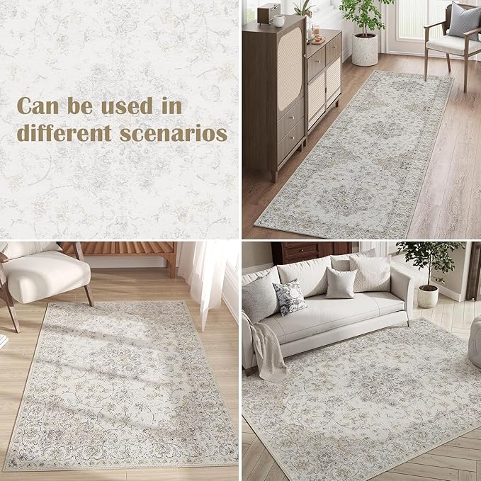 jinchan Vintage Floral Washable Runner Rug 2x6 Non-Slip Low Pile Carpet, Grey
