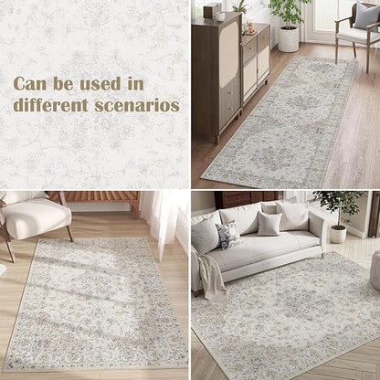 jinchan Vintage Floral Washable Runner Rug 2x6 Non-Slip Low Pile Carpet, Grey
