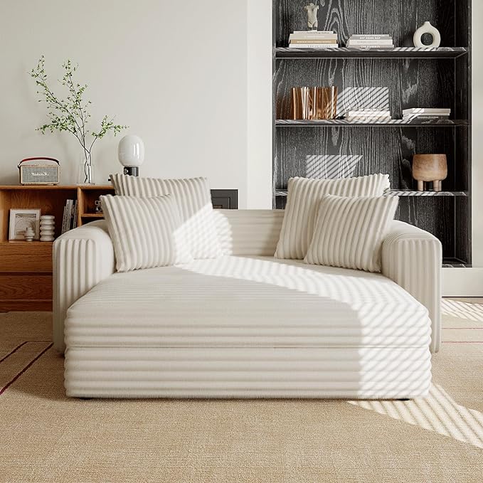 Acanva Oversized Cozy Chaise Indoor with Removable Ottoman, Modern Upholstered Fluffy Sleeper Sofa Bed, Comfy Reclining Couch for Living Room, Bedroom, White