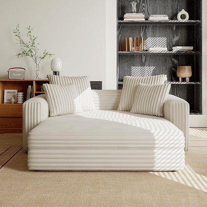 Acanva Oversized Cozy Chaise Indoor with Removable Ottoman, Modern Upholstered Fluffy Sleeper Sofa Bed, Comfy Reclining Couch for Living Room, Bedroom, White