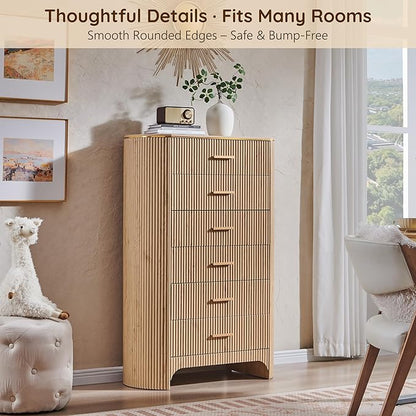 Fluted 6 Drawer Tall Dresser with Curved Profile,47.8" Tall Drawers with Reeded Texture,Gold Handles Storage Organizer Cabinet for Bedroom,Living Room,Entryway,Natural Oak