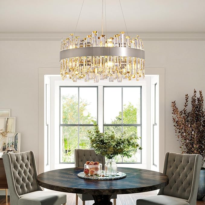 Siljoy 19.7'' Modern Crystal Chandelier for Dining Room, Luxury 2-Tiers K9 Crystal Raindrop Chandelier Flush Mount Dimmable Pendant Ceiling Light for Living Room Kitchen Island E12x12, Brushed Nickel