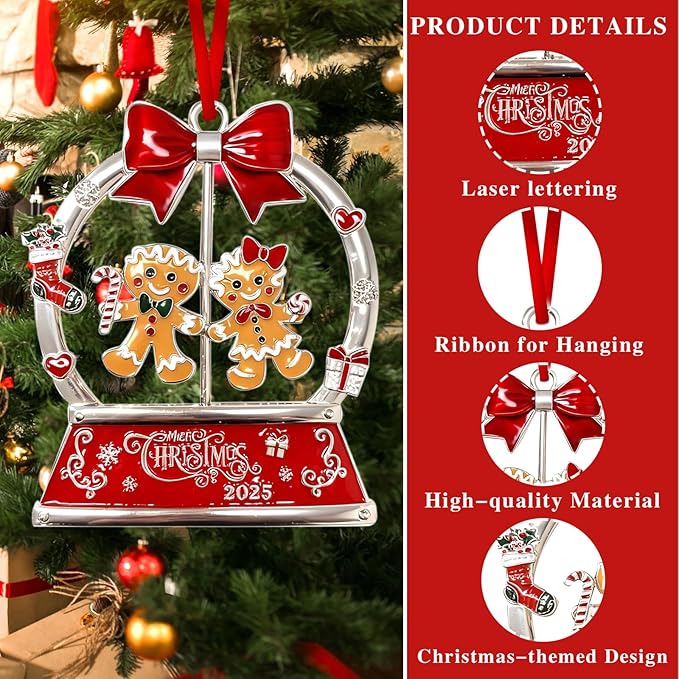 Christmas Gingerbread Couple Ornaments 2025 for Tree Decorations,Dated 2025 Metal Wreath Ornament with Rotatable for Christmas Keepsake Gifts for Grandparents, Kids, Friend