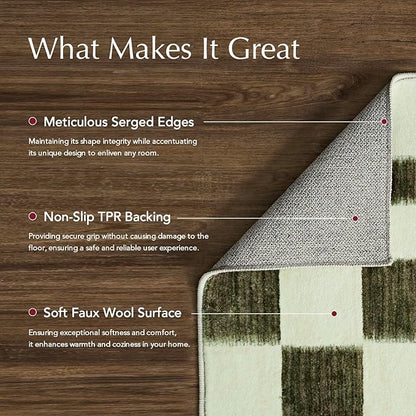 EVERGRACE Checkered Plaid Area Rug 2x6, Soft Christmas Faux Wool Rugs Washable Anti Slip Rugs Long Runner Carpet for Entryway Bedroom Living Room Hallway Kitchen and Laundry, Olive Green