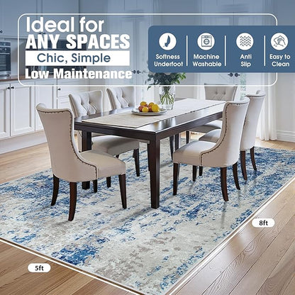 5x8 Area Rugs for Living Room Rug Washable: Abstract Rug for Dining Room Bedroom Carpet Non Slip 5 by 8 Indoor Modern Nursery Home Office Blue Grey White