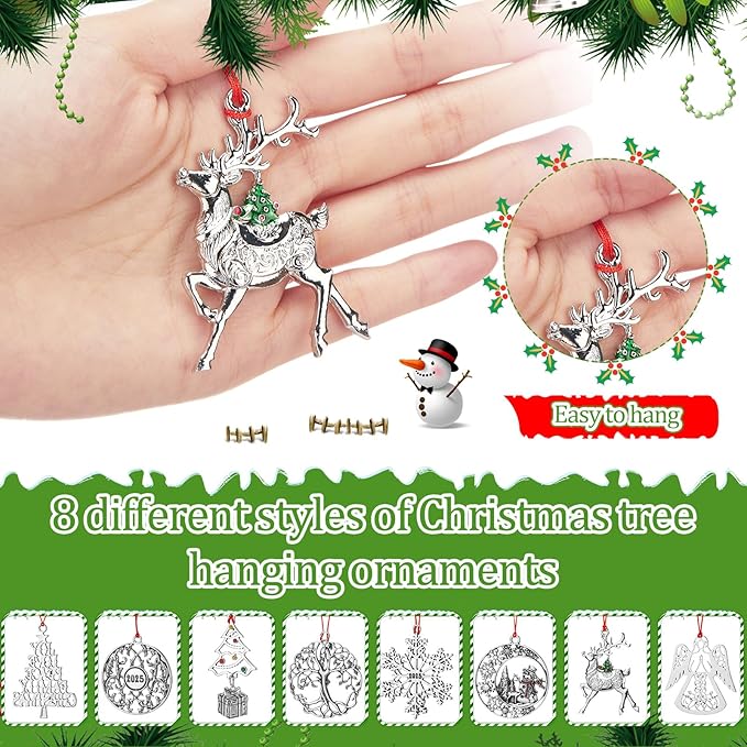 Zhengmy 8 Pieces Christmas Ornaments 2025 Solid Pewter Christmas Tree Ornament Metal Gnomes Santa Angel Snowman Hanging Craft Xmas Gifts with Red Bags(Classic)