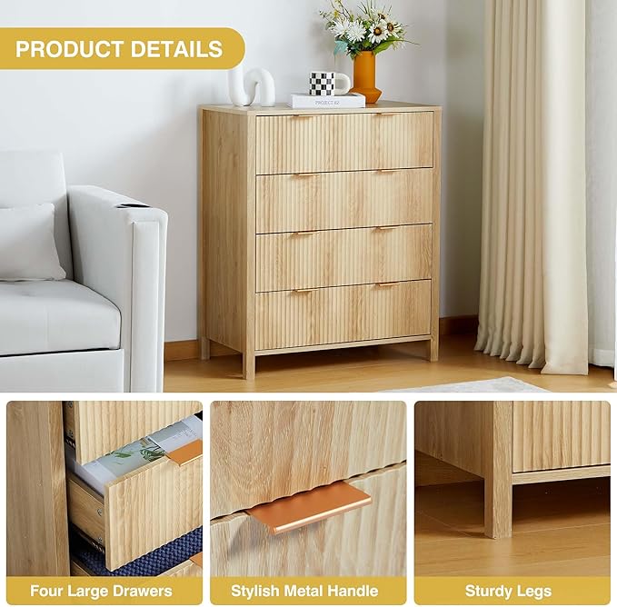 XUZENEST4 Drawer Double Dressers for Bedroom with Waveform Fluted Panel Design, Modern Wide Chest of Drawers,Wood Storage Dresser Chest of Drawers for Bedroom Living Room Hallway Closet,Natural 2 Sets