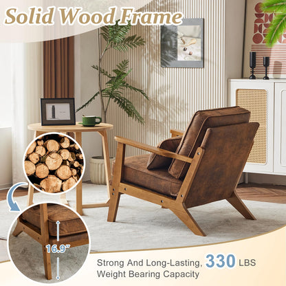 VINGLI Solid Wood Wide Armrests Accent Chair,Upholstered Mid Century Modern Chair with Pillow,Comfy Reading Chair Farmhouse Arm Chair,Chairs Living Room,Bedroom,Guest Room,Teddy Fleece,Khaki