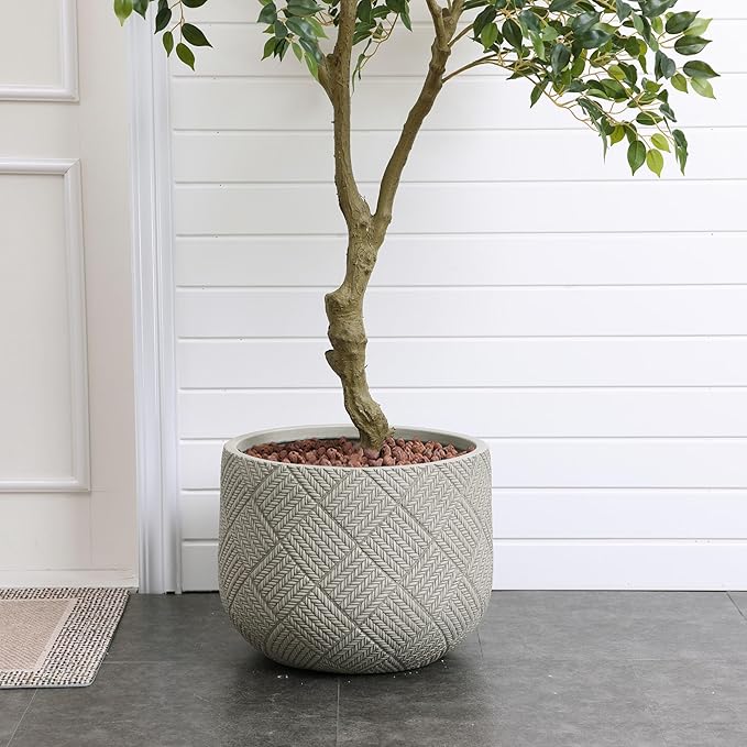 LuxenHome 17.5-Inch Dia Round Concrete Planters, Large Outdoor Indoor Decorative Plant Pots with Drainage Holes and Rubber Plug, Modern Gray Glen Woven Pattern Flower Pot Planter for Home Garden Patio
