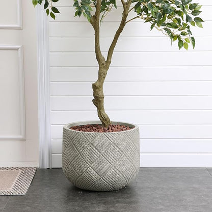 LuxenHome 17.5-Inch Dia Round Concrete Planters, Large Outdoor Indoor Decorative Plant Pots with Drainage Holes and Rubber Plug, Modern Gray Glen Woven Pattern Flower Pot Planter for Home Garden Patio