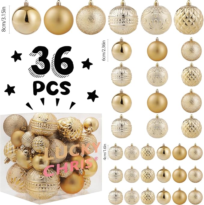 Christmas Ball Ornaments Gold Christmas Tree Decorations with Hang Rope-36pcs Shatterproof Christmas Ornaments Set with 6 Styles in 3 Sizes (Small Medium Large)