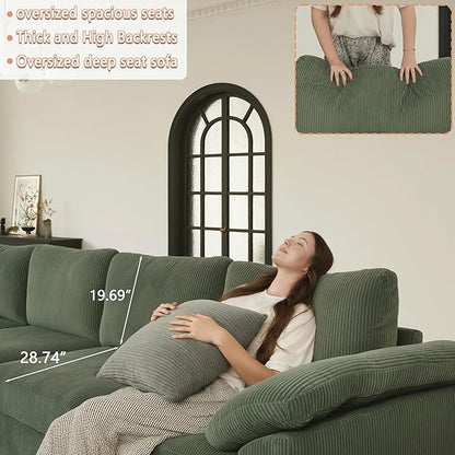EASE MOOSE Oversized Sectional Sofa with Ottoman,Comfty L Shape Sectional Deep seat Modular Sofa,Cloud Couch for Living Room, Removable Cover,Green