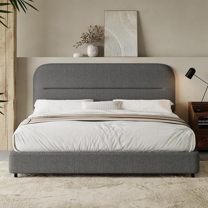 Full Size Boucle Bed Frame, Soft Upholstered Headboard, Thickened Footboard, Rounded Corners, No Box Spring Needed, Easy Assembly, Grey