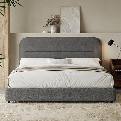 Full Size Boucle Bed Frame, Soft Upholstered Headboard, Thickened Footboard, Rounded Corners, No Box Spring Needed, Easy Assembly, Grey