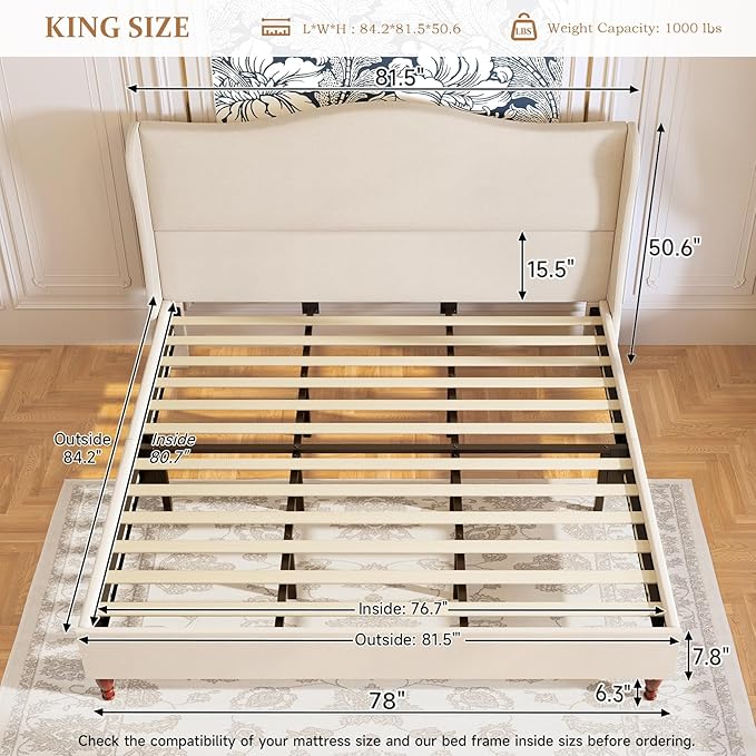 King Size Bed Frame Upholstered Platform Bed with 51" Tall Headboard Wingback, Soft Fabric, Retro Simple Style Platform Bed No Box Spring Needed, Easy Assembly, Beige