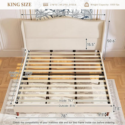 King Size Bed Frame Upholstered Platform Bed with 51" Tall Headboard Wingback, Soft Fabric, Retro Simple Style Platform Bed No Box Spring Needed, Easy Assembly, Beige