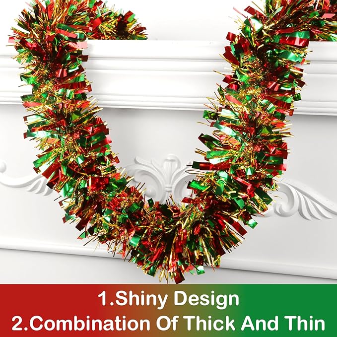 LEASEN 50 FT Christmas Tinsel Garland Metallic Tinsel Twist Garland Glitter Christmas Tree Decorations in Red, Green and Gold