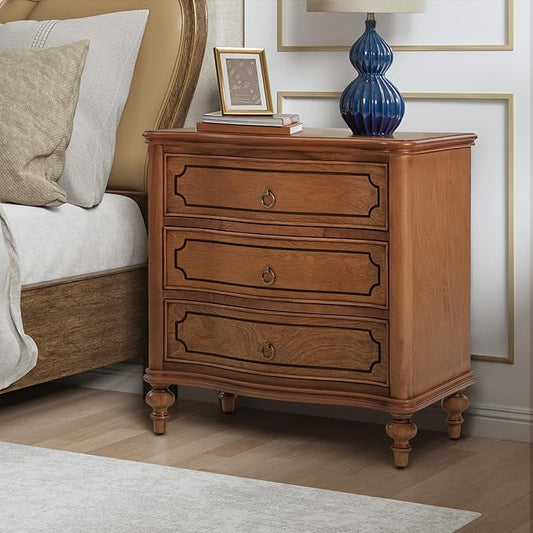 HULALA HOME Wood Nightstand with Charging Station, 3 Drawer Traditional Nightstands, End Table with Solid Wood Legs for Bedroom, USB Ports & Three-Prong Plugs, Walnut