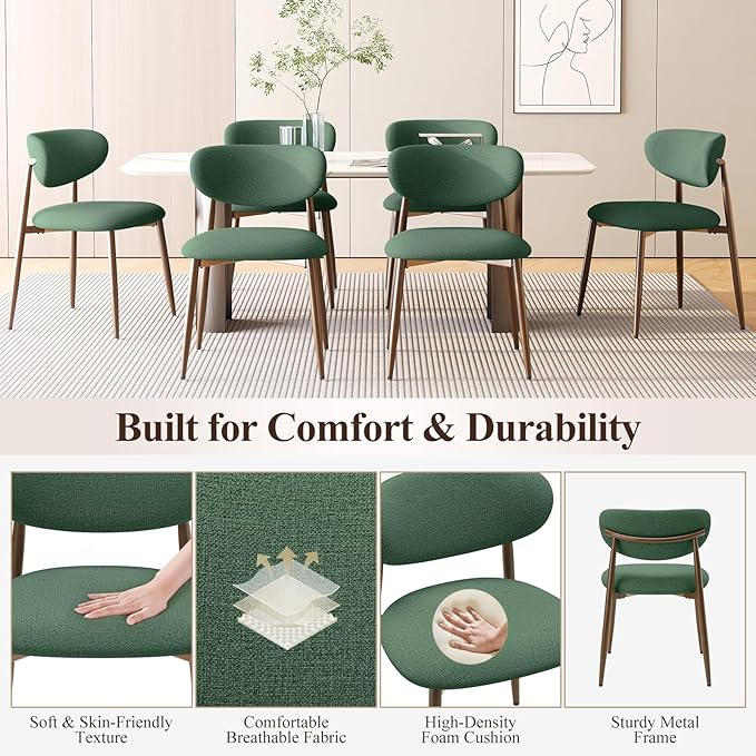 Dining Chairs Set of 2, Upholstered Dining Room Chairs with Metal Legs and Anti Slip Pads, Curved Back Wood Kitchen Chair for Home and Restaurant Use, Green