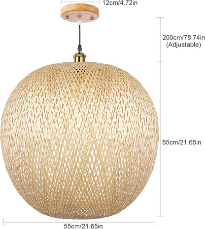 Arturesthome Bamboo Pendant Lighting Fixtures, Round Wicker Chandelier Hand-Woven Boho Basket Lampshade Hanging Ceiling Light for Kitchen Island Living Room