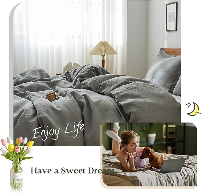 Simple&Opulence 100% Linen Duvet Cover Set 2pcs Natural French Basic Style Washed Flax Solid Color Breathable Soft Farmhouse Bedding with Button Closure (Ultimate Grey, Twin)