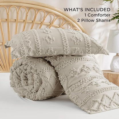 Bedsure Tufted Boho Comforter Set Oversized Queen - Linen Boho Bed Set, GentleSoft™ 3 Pieces Farmhouse Shabby Chic Embroidery Bedding, Gifts for Woman, Soft Jacquard Comforter for All Seasons